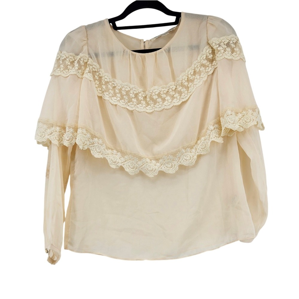 Anthro Champagne & Strawberry Cream Lace Sheer Blouse Romantic Fairy Ethereal Md
